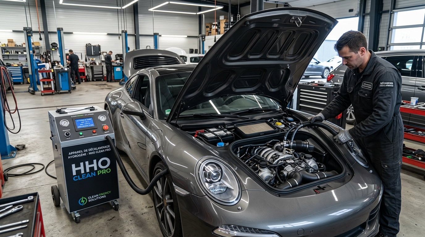 Machine de décalaminage à l'hydrogène branchée sur le moteur d'une voiture