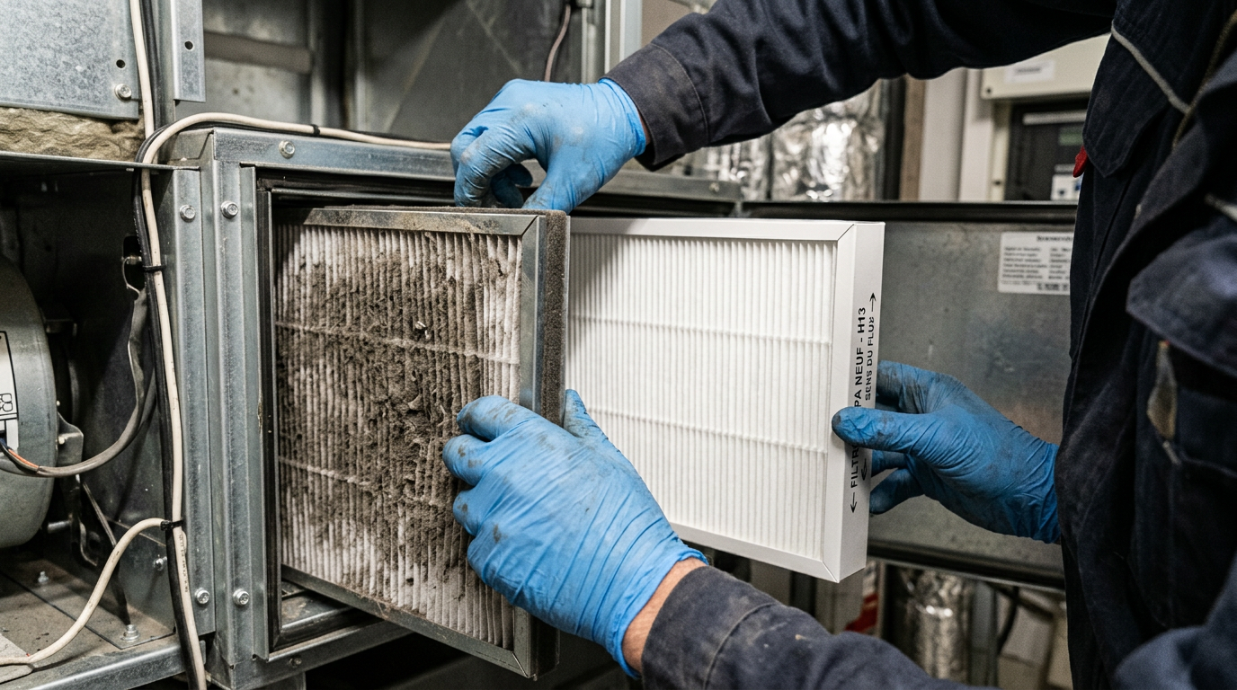 Technicien remplaçant un filtre HEPA usagé dans un système de ventilation
