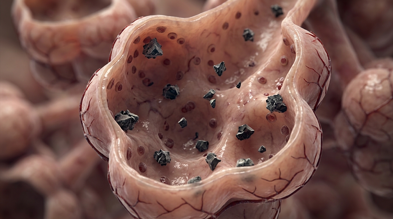 Illustration microscopique de particules fines PM2.5 pénétrant dans les poumons