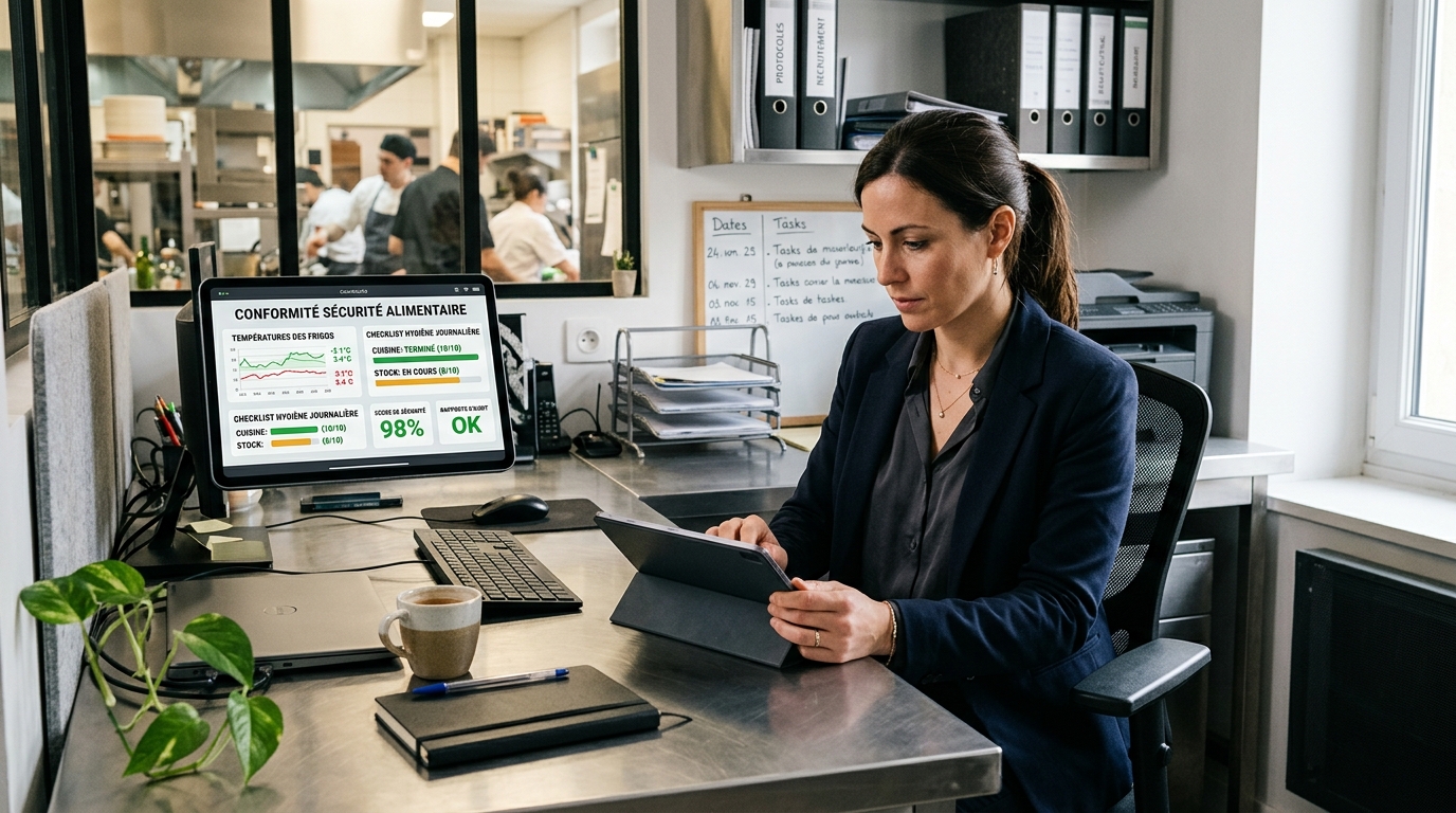 Gestionnaire de restaurant consultant le Plan de Maîtrise Sanitaire sur une tablette