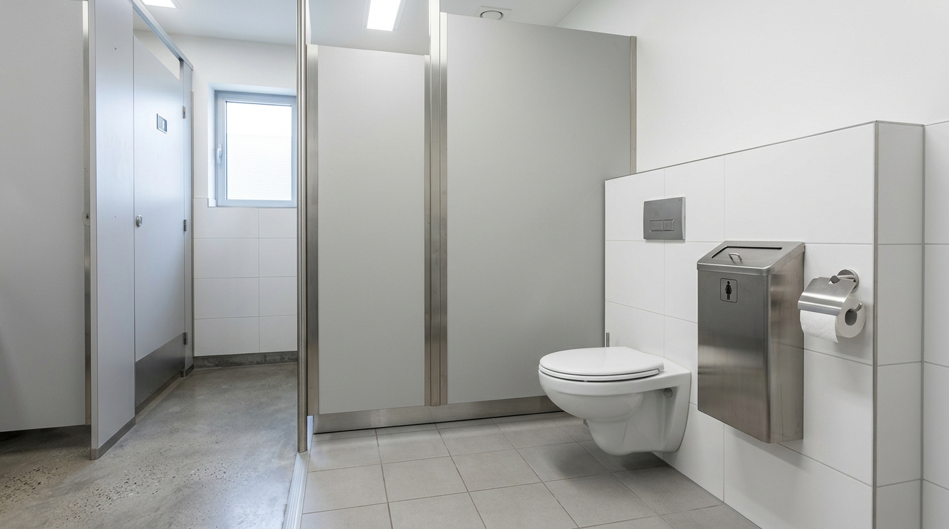 Réceptacle sanitaire mural en acier inoxydable dans des toilettes publiques