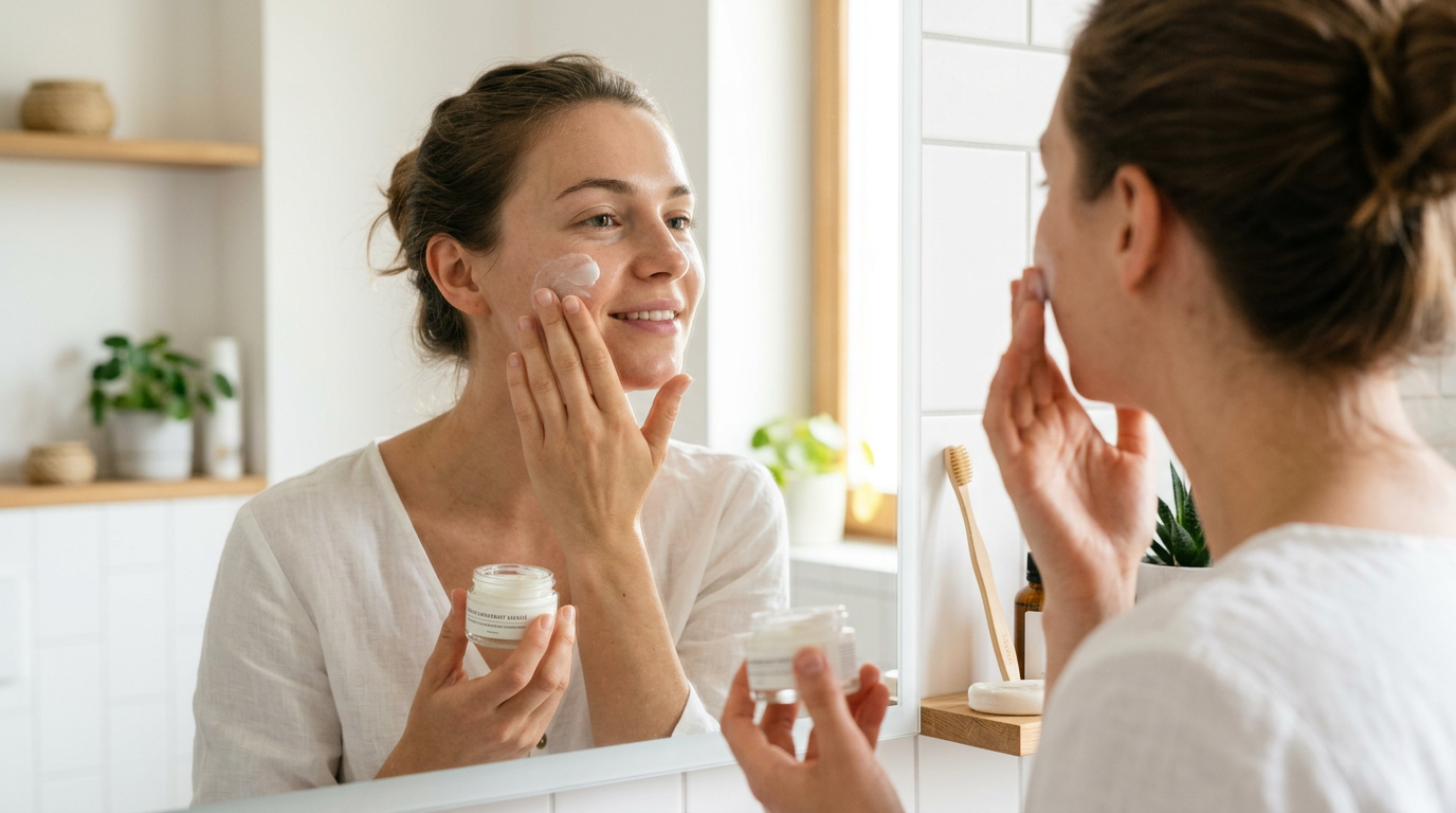 Application crème hydratante visage routine soin