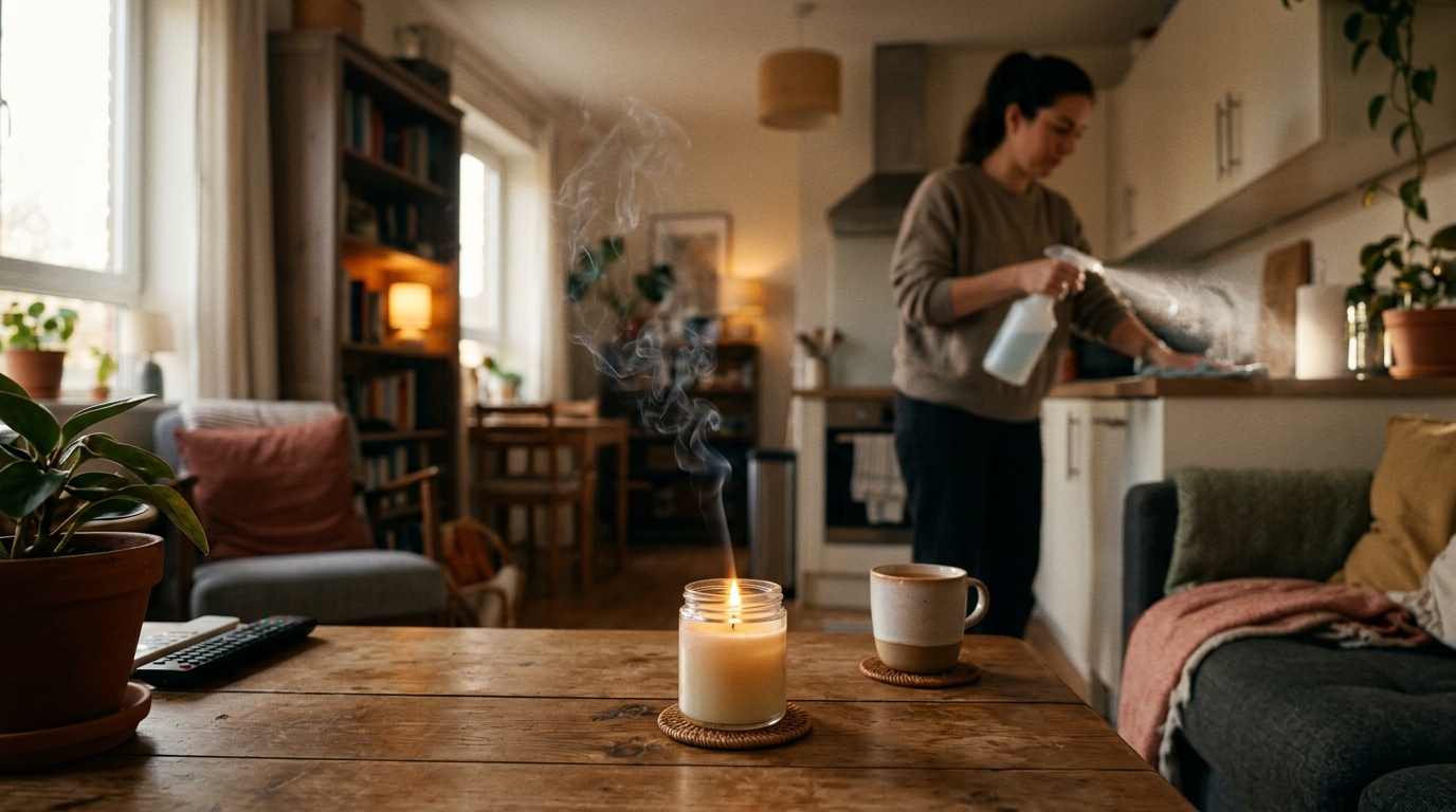 Bougie allumée et produits ménagers émettant des composés organiques volatils dans un salon