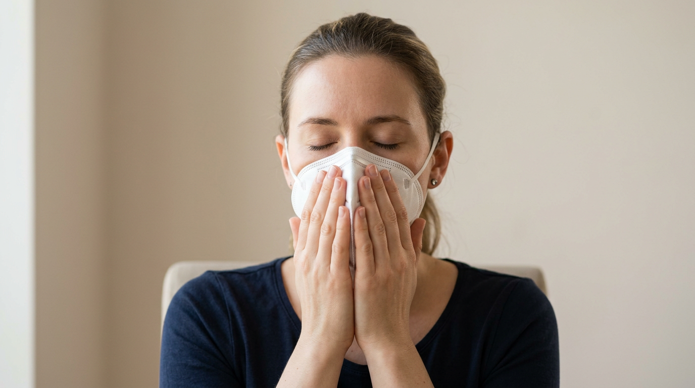 Réalisation du test d'étanchéité ou fit-check avec les mains sur le masque