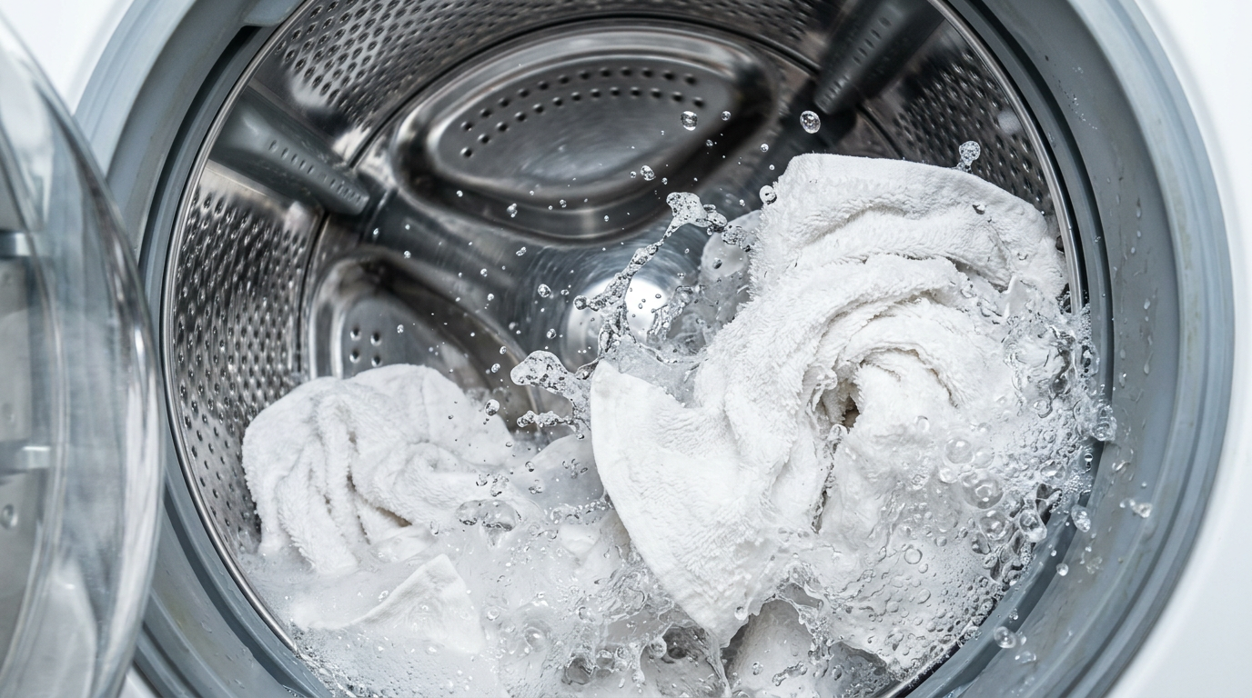 Linge propre dans une machine à laver traitée au vinaigre blanc