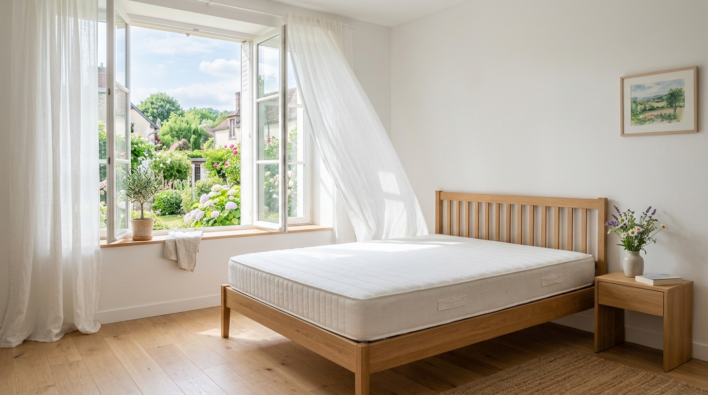 Matelas nu en train de s'aérer dans une chambre lumineuse avec fenêtre ouverte