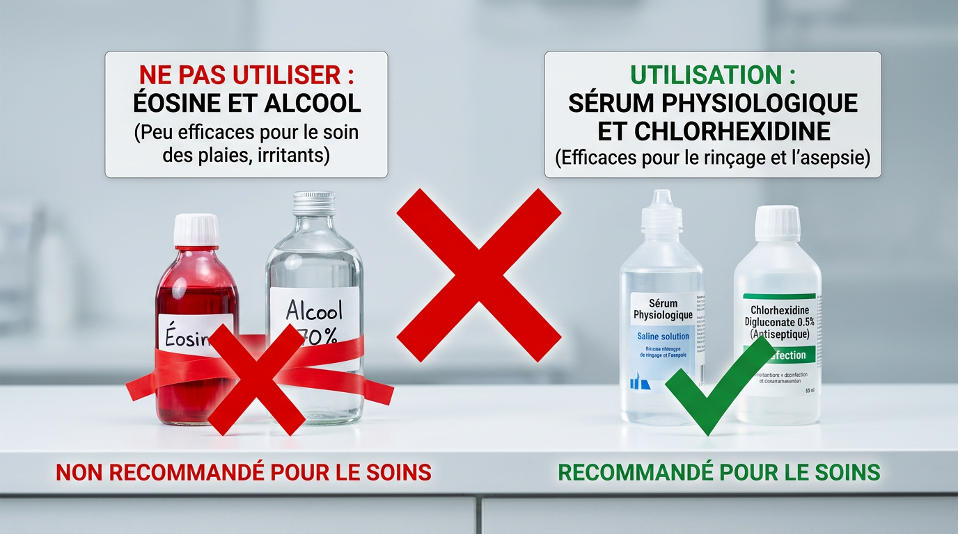 Produits interdits pour les plaies : alcool et éosine barrés