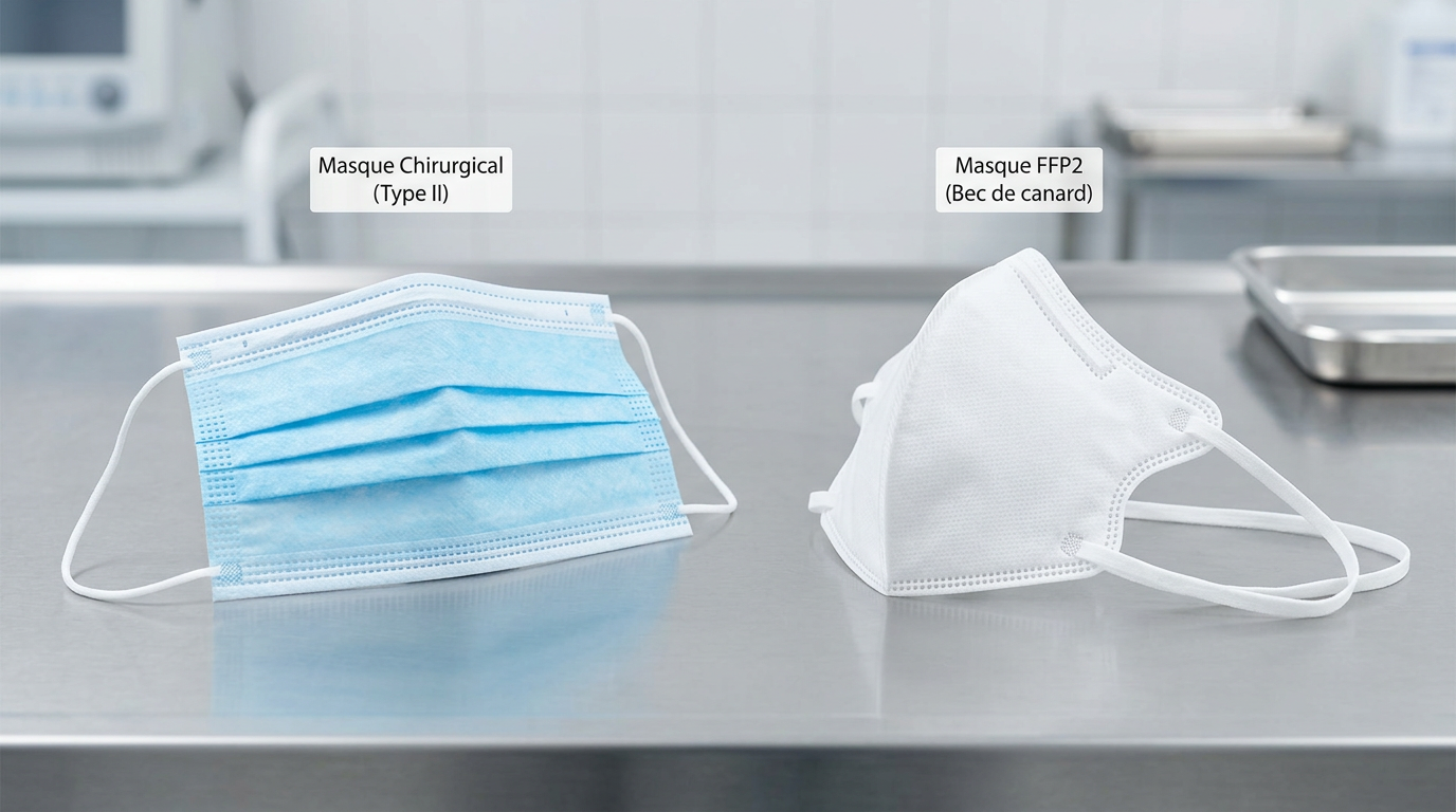 Comparaison visuelle entre un masque chirurgical et un masque FFP2