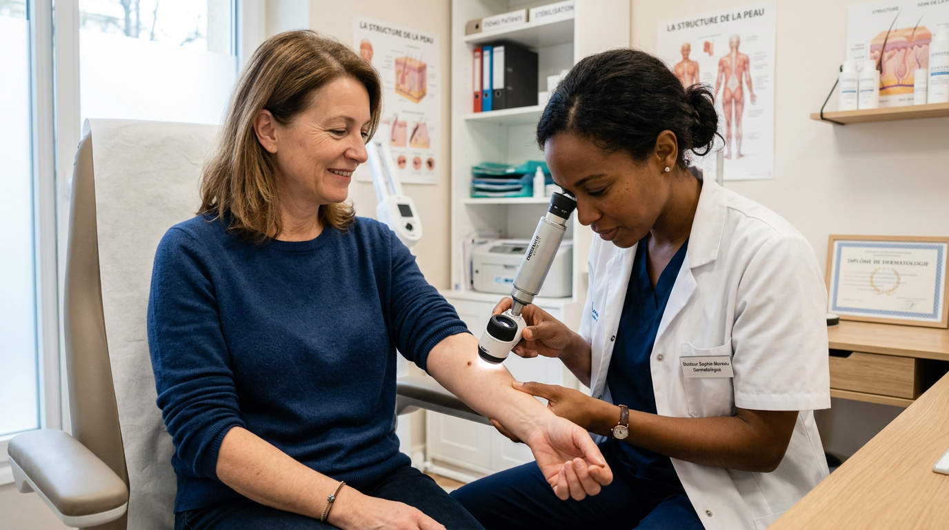 Consultation dermatologue examen peau patient