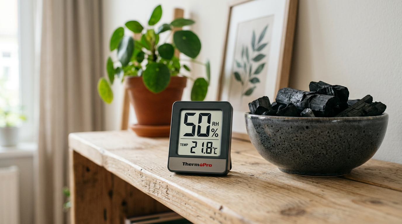 Hygromètre affichant un taux d'humidité idéal de 50% et charbon actif