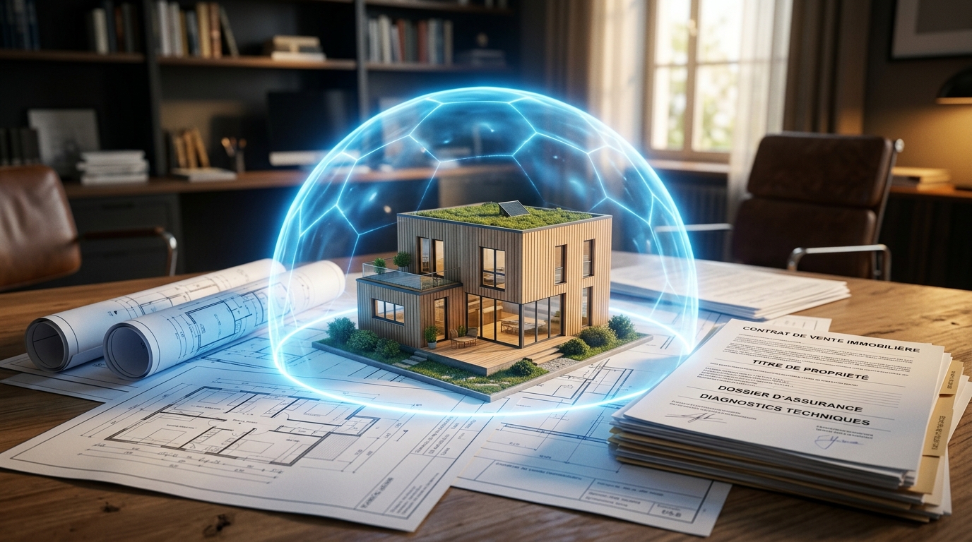 Maison miniature protégée par un bouclier symbolisant la sécurité juridique