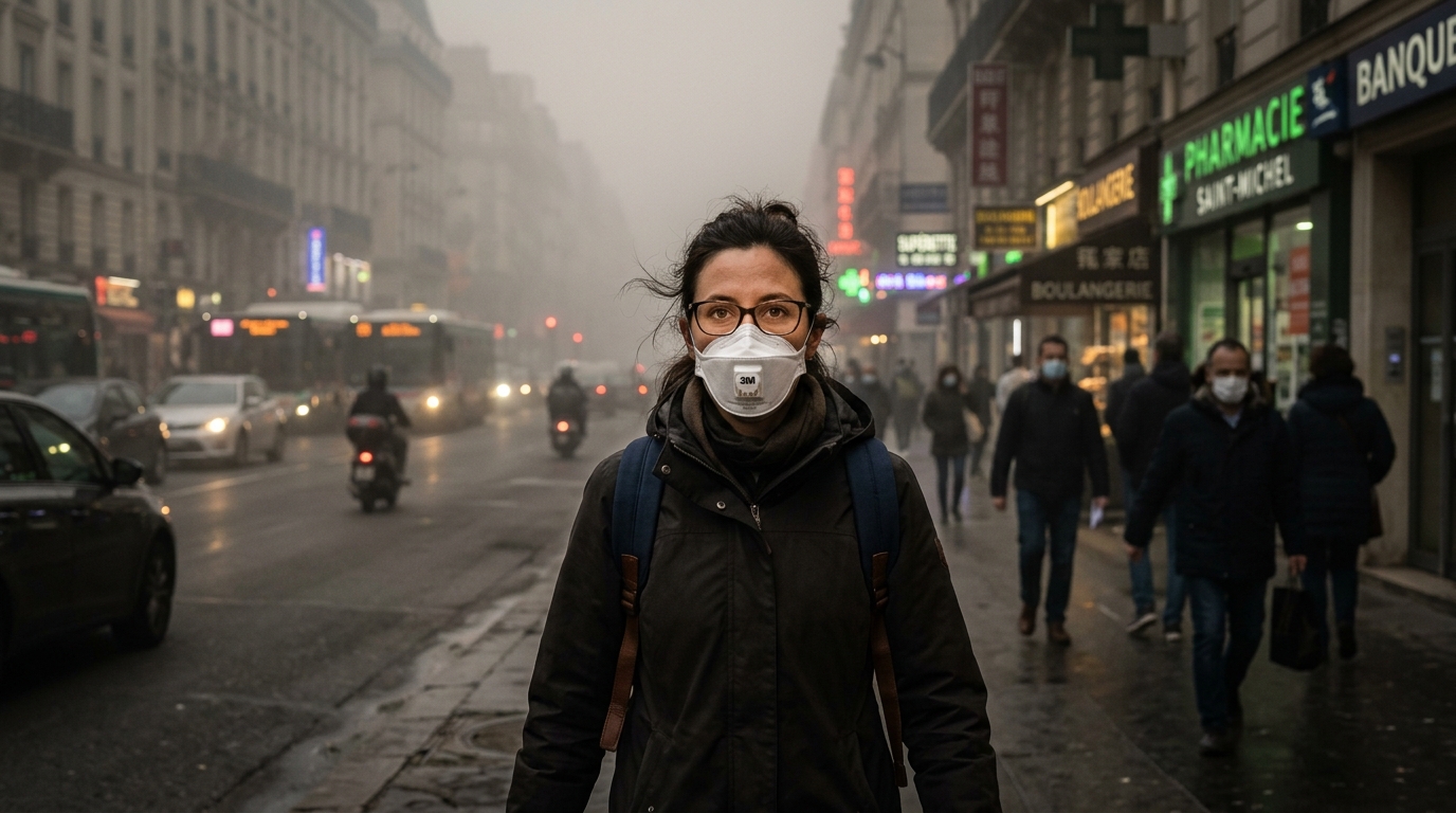 Personne portant un masque FFP2 pour se protéger de la pollution de l'air en ville