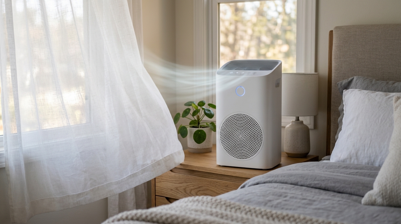Purificateur d'air HEPA moderne en fonctionnement dans une chambre à coucher