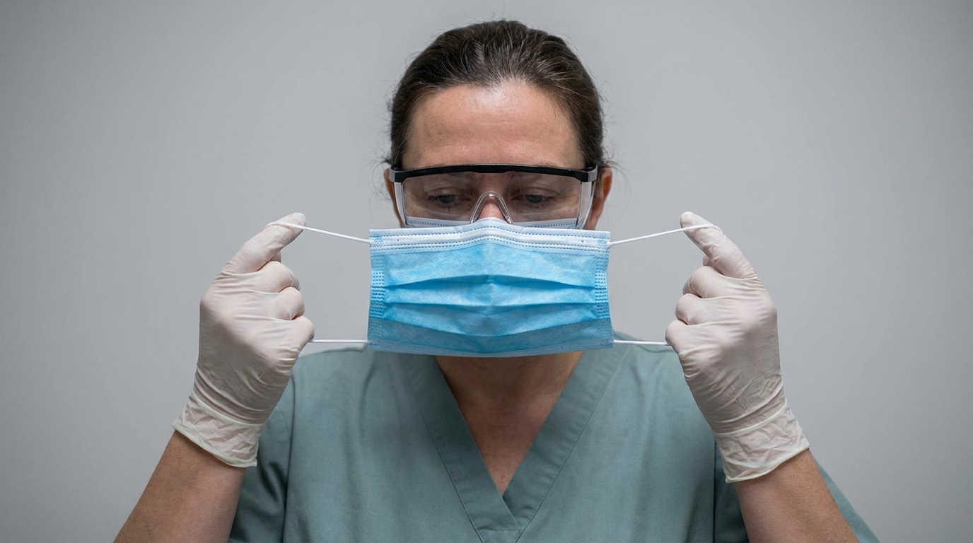 Retrait sécurisé du masque par les élastiques sans toucher le tissu