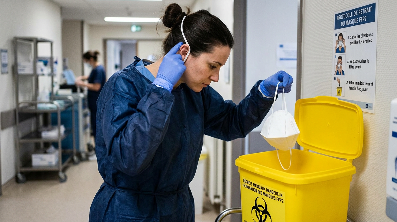 Retrait sécurisé du masque FFP2 par les élastiques sans toucher le filtre