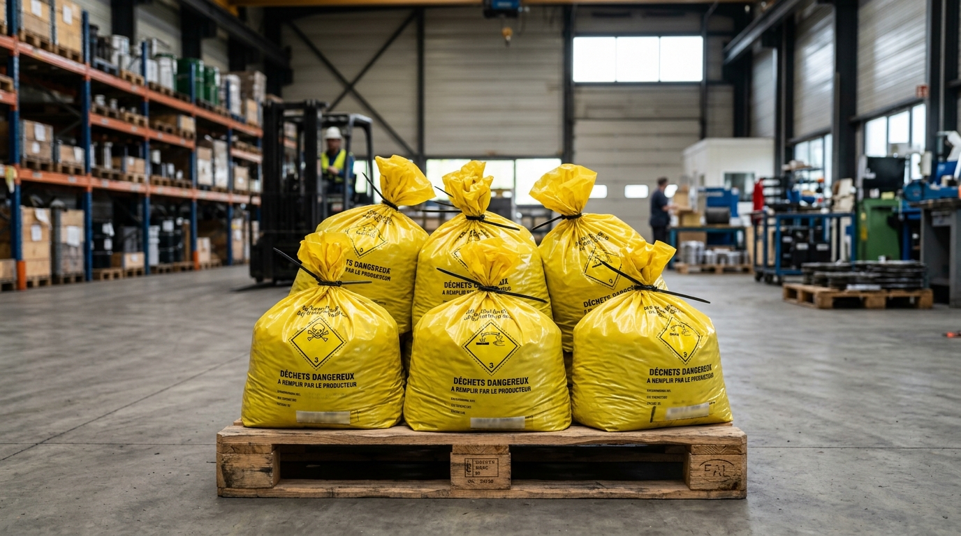 Sacs jaunes de déchets dangereux contenant des absorbants souillés