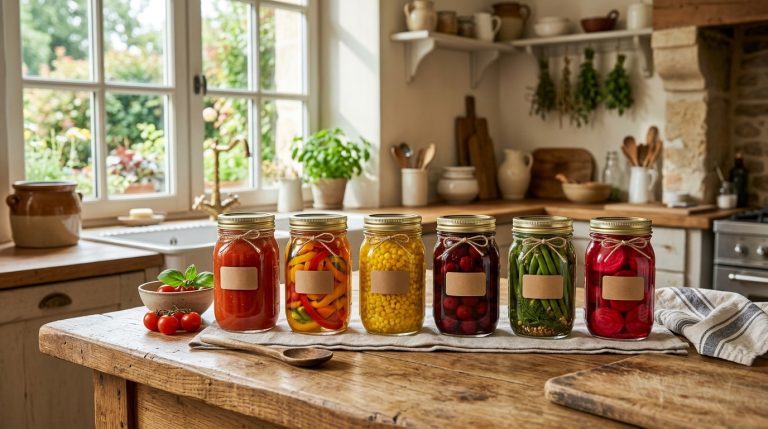 Bocaux en verre parfaitement stérilisés et remplis de légumes colorés sur un plan de travail