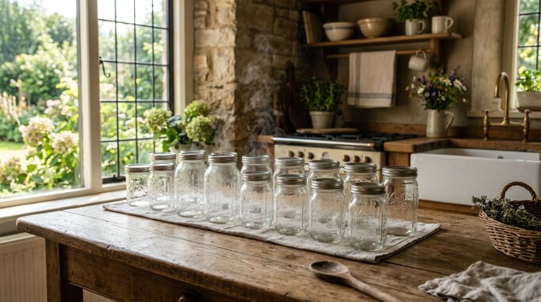 Bocaux en verre fraîchement stérilisés alignés sur une table en bois
