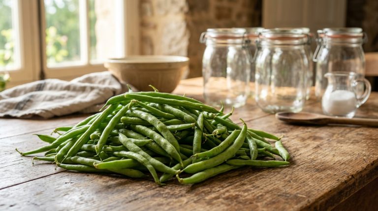 Haricots verts frais sur une table en bois prêts pour la mise en bocal