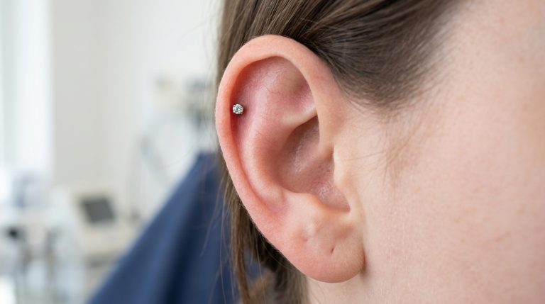 Gros plan d'un piercing à l'oreille parfaitement cicatrisé avec un bijou en titane