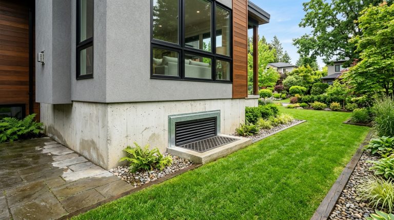 Maison moderne avec une grille de ventilation de vide sanitaire visible au niveau des fondations