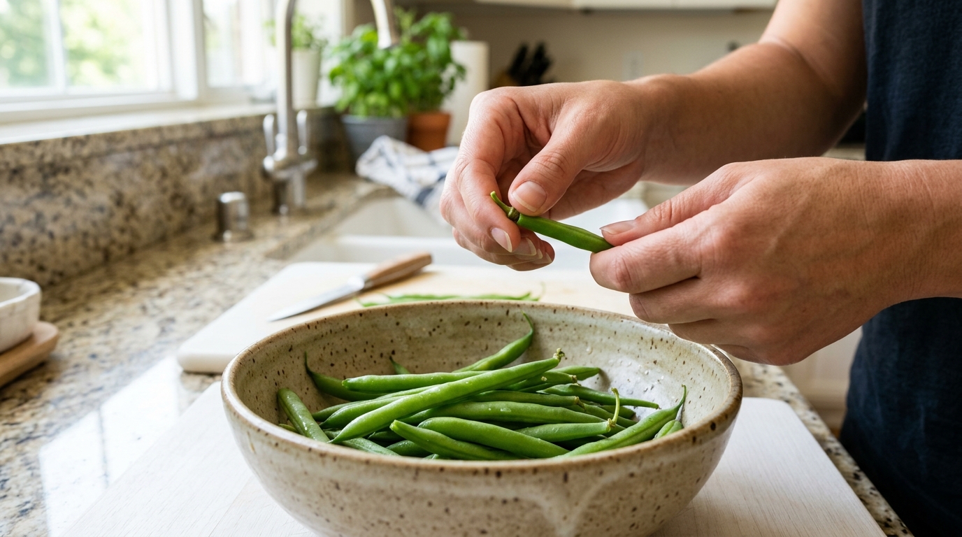 Équeutage manuel des haricots verts avant la mise en conserve