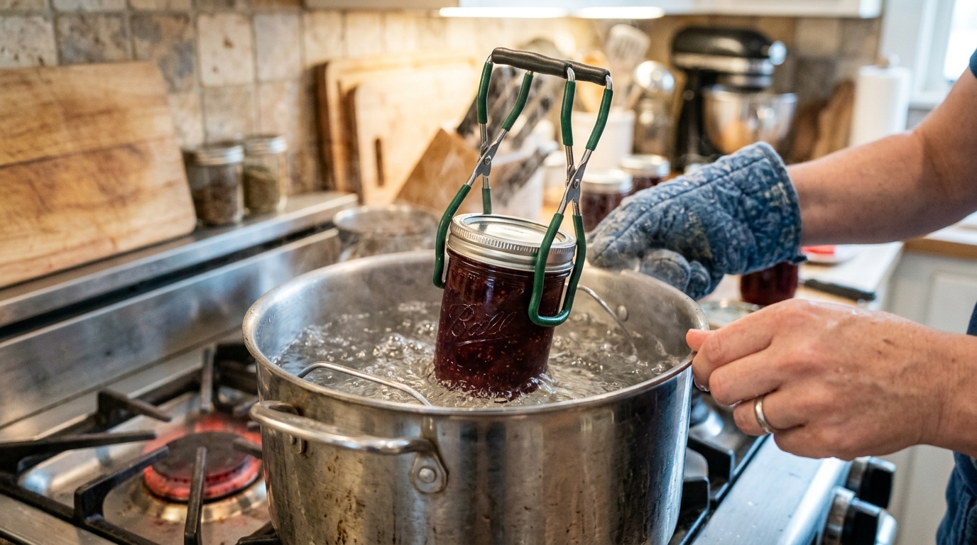 Immersion d'un bocal en verre dans l'eau bouillante avec une pince spéciale