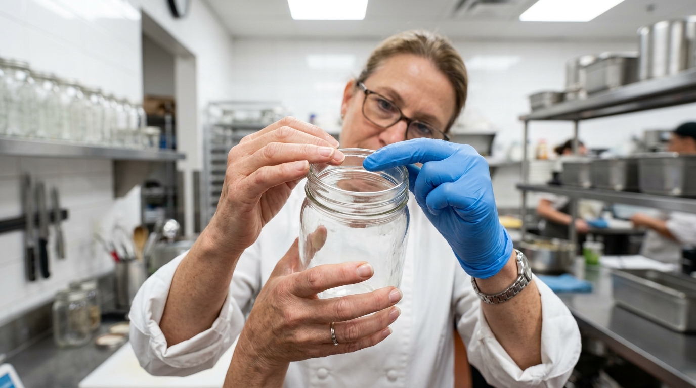 Inspection minutieuse du buvant d'un bocal en verre pour la confiture
