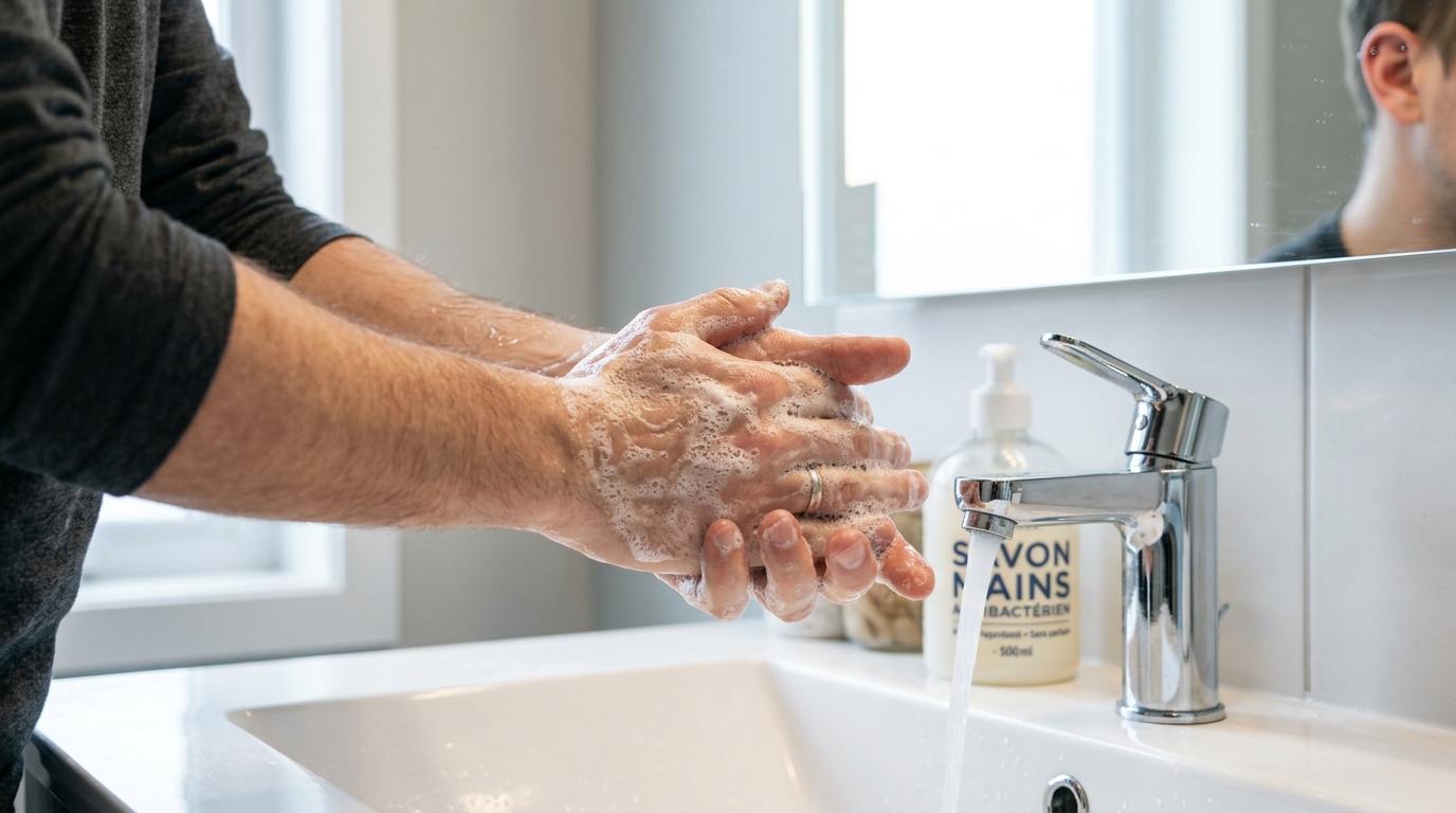 Lavage minutieux des mains avec du savon avant de manipuler un piercing