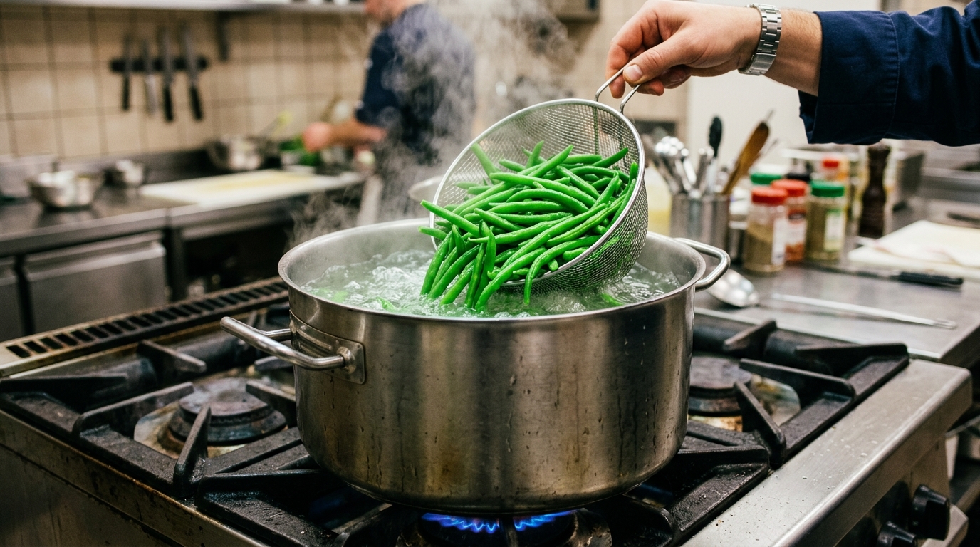 Blanchiment des haricots verts dans l'eau bouillante