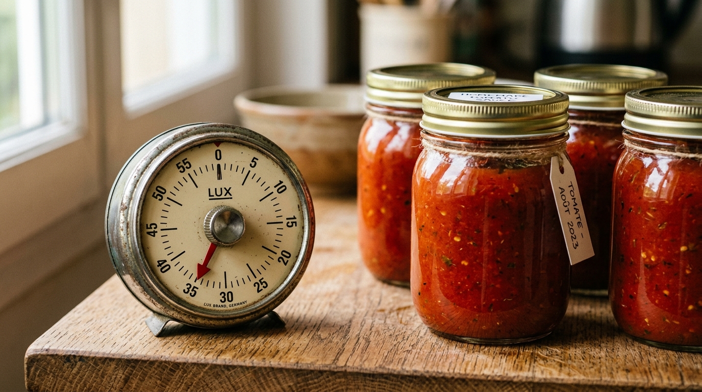 Chronomètre de cuisine mécanique à côté de bocaux de sauce tomate