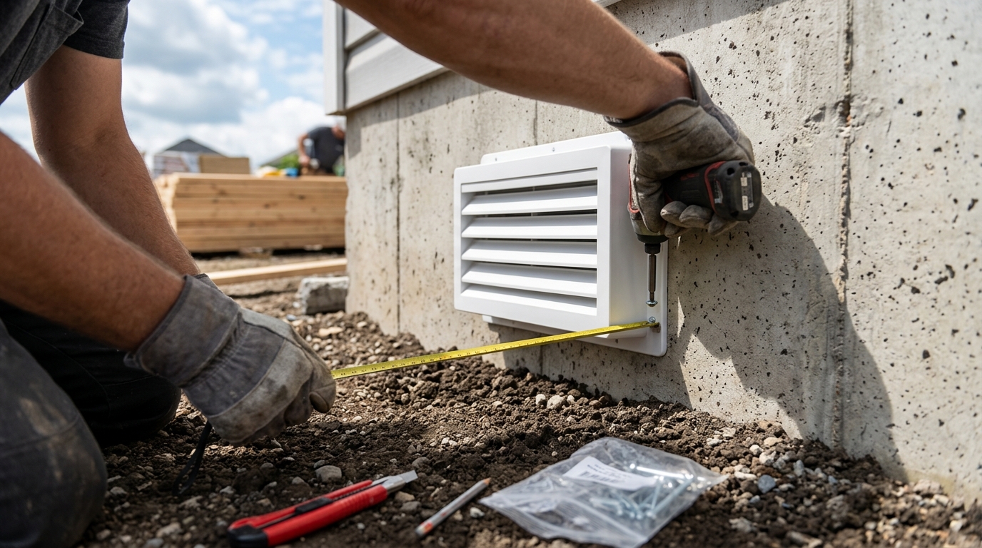 Installation d'une grille d'aération sur un mur de fondation en béton à 20 cm du sol