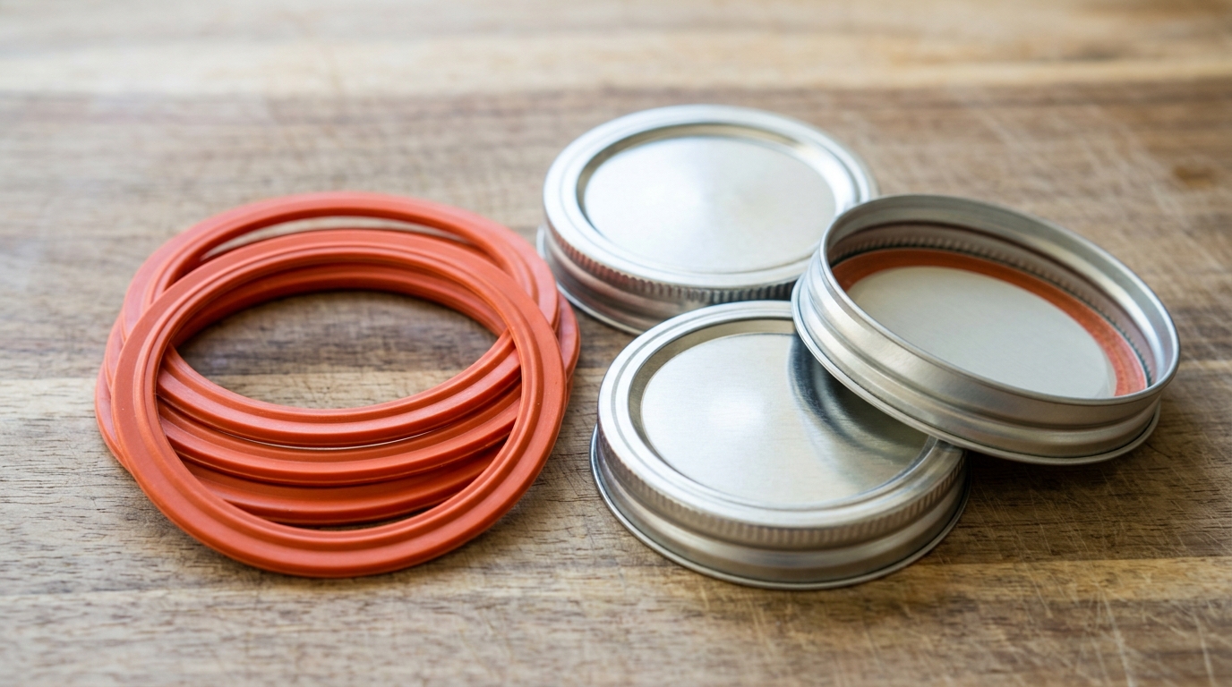 Joints en caoutchouc orange neufs et capsules métalliques pour l'étanchéité des conserves