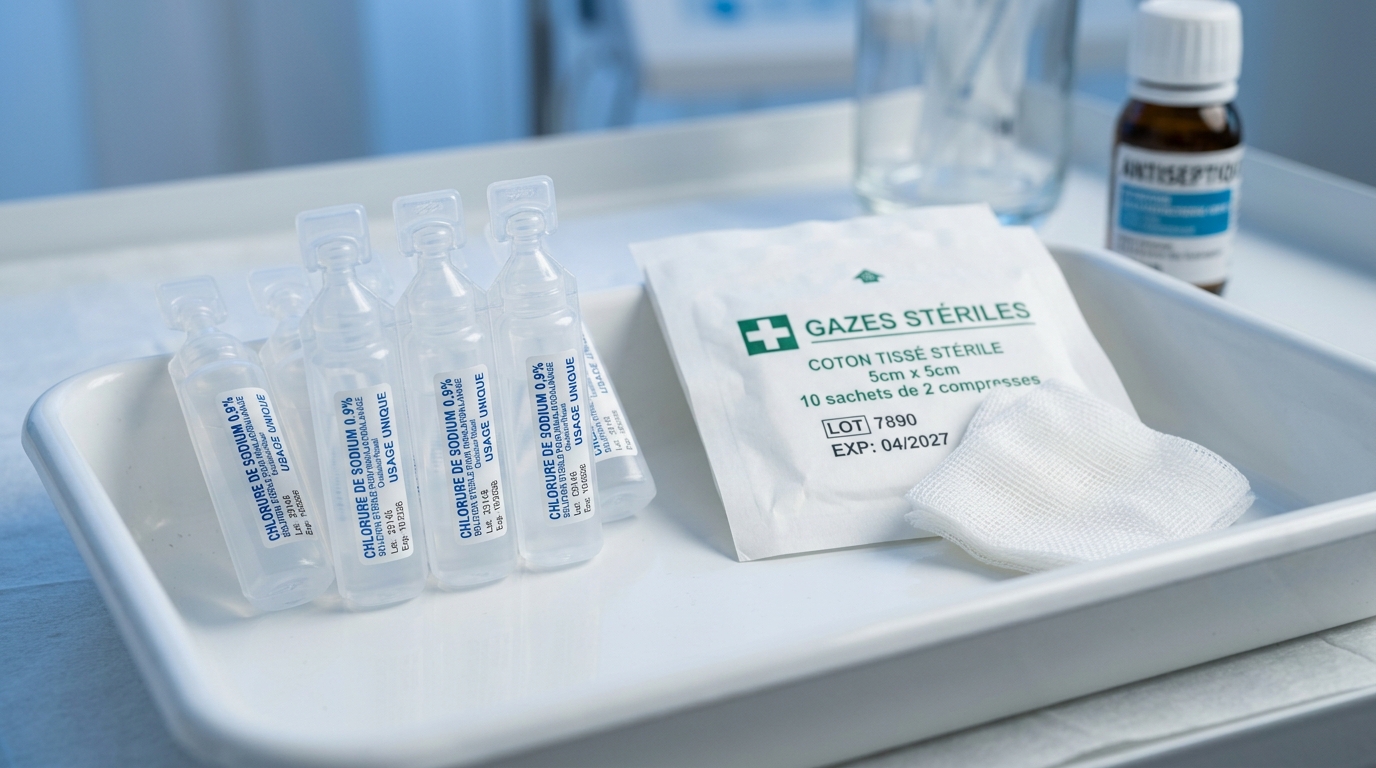 Doses de sérum physiologique et compresses stériles pour le nettoyage du piercing