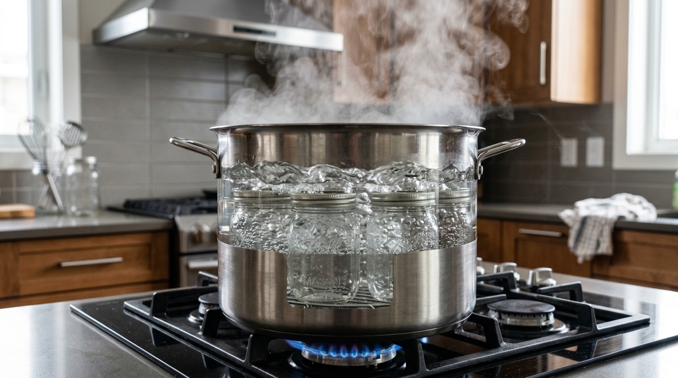 Stérilisation de bocaux par immersion dans une marmite d'eau bouillante