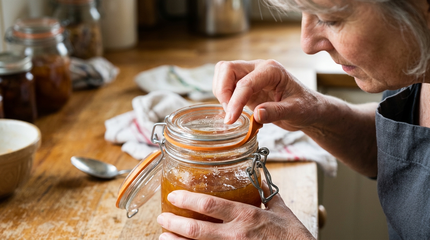 Inspection minutieuse du joint en caoutchouc orange d'un bocal de conserve