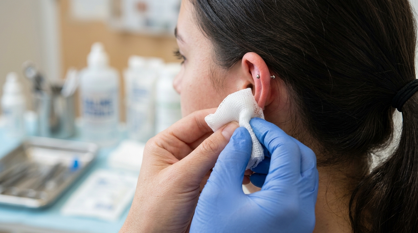 Nettoyage délicat d'un piercing à l'oreille avec une compresse imbibée