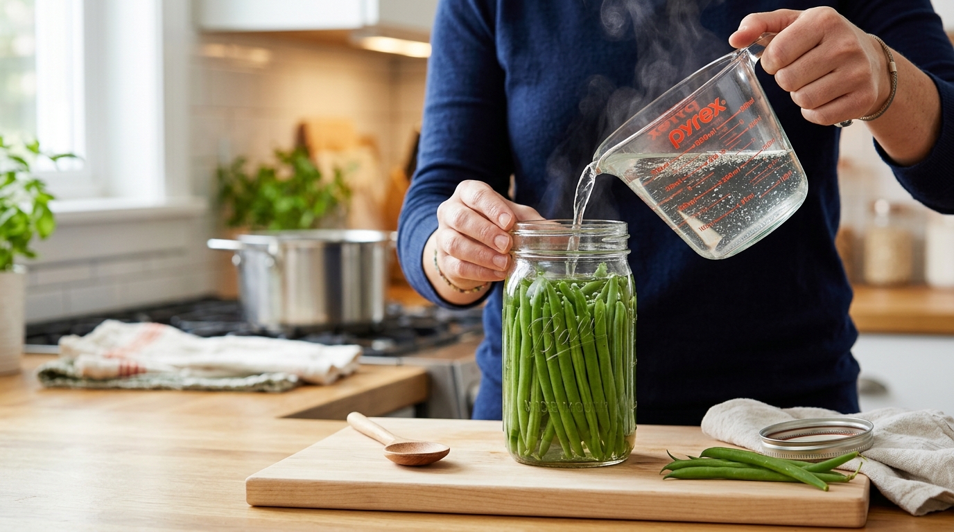Remplissage du bocal de haricots verts avec de la saumure chaude
