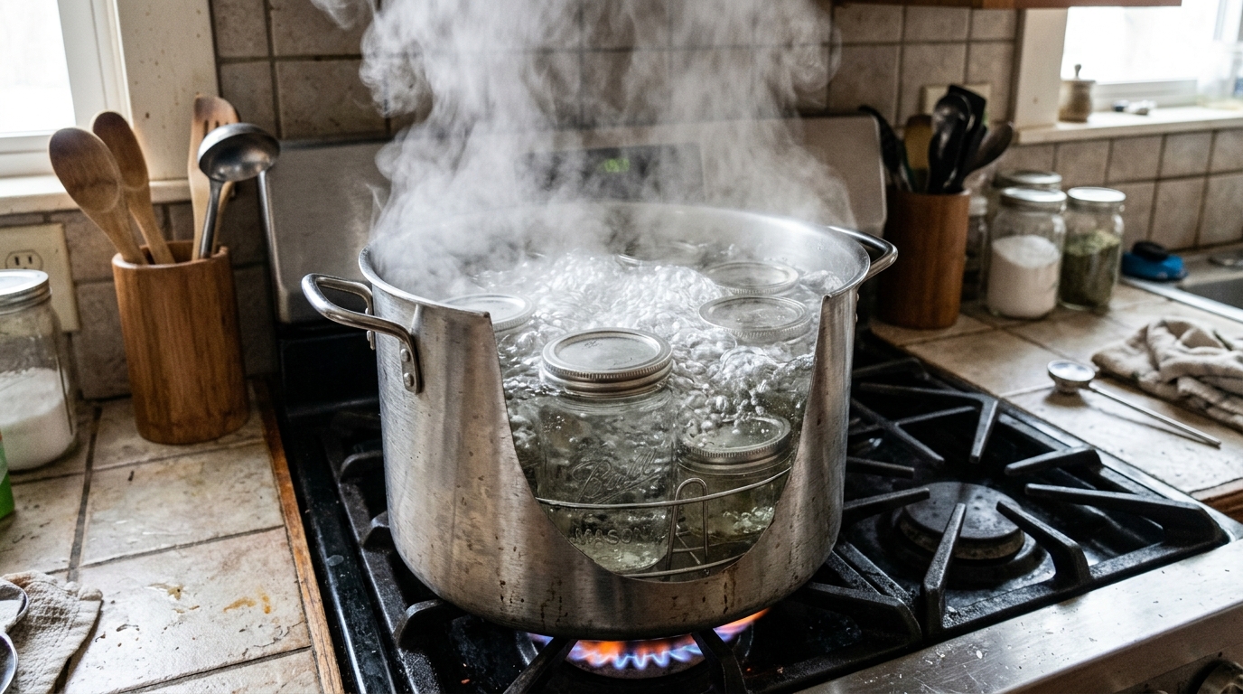 Stérilisation de bocaux par immersion totale dans une marmite d'eau bouillante