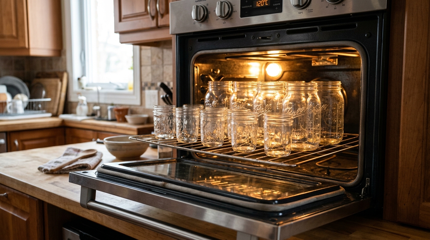 Bocaux en verre placés dans un four pour une stérilisation à sec