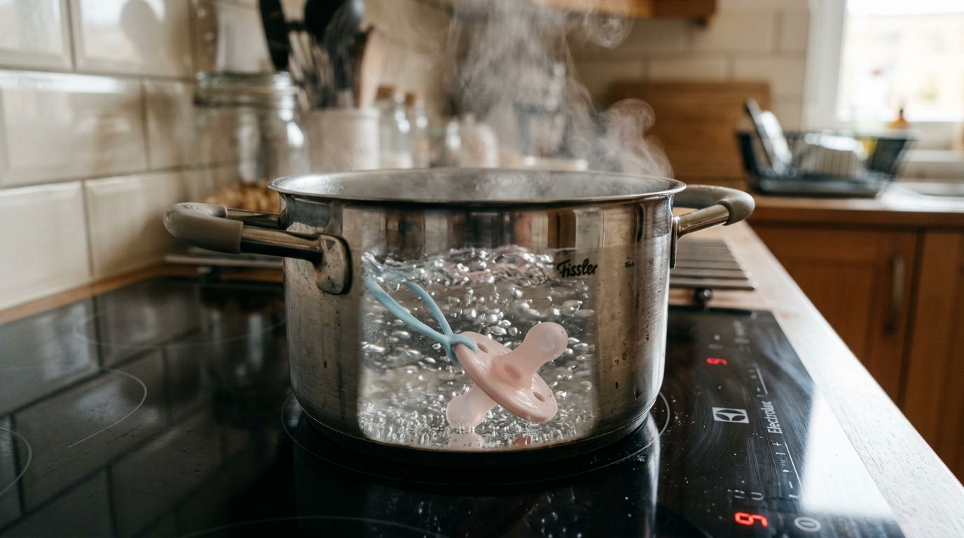 Stérilisation thermique d'une tétine par ébullition dans une casserole d'eau