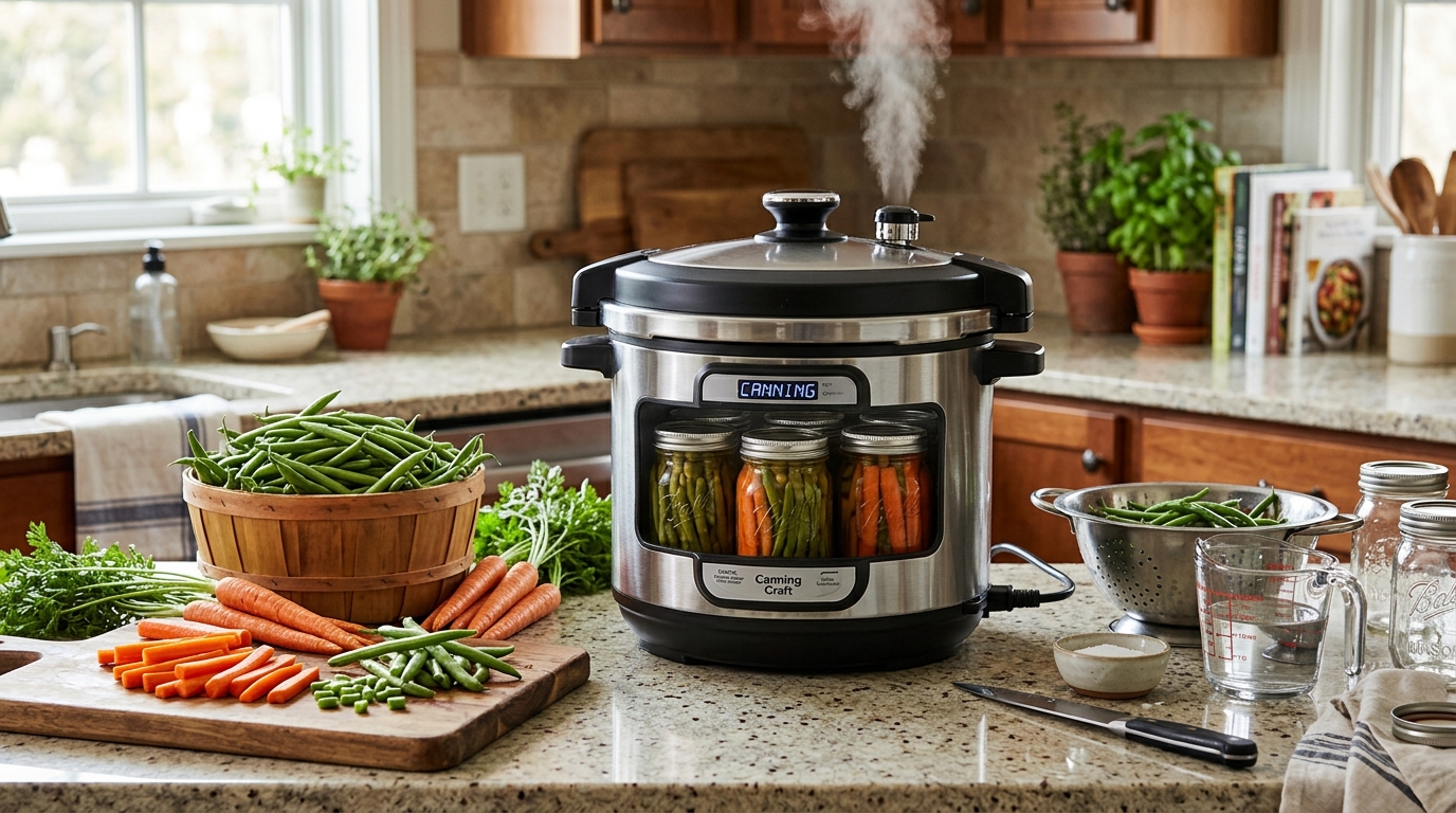Autoclave électrique moderne sur un plan de travail avec des légumes frais