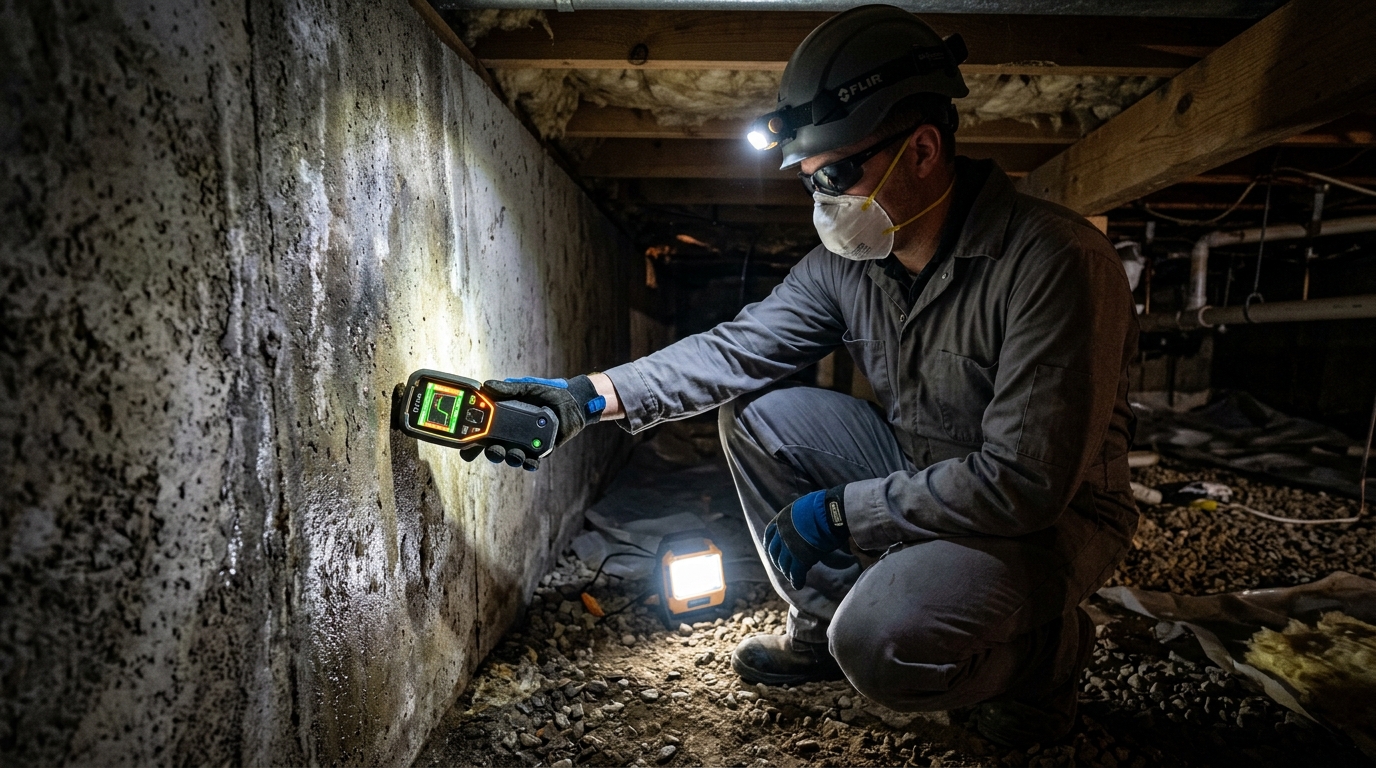 Technicien utilisant un hygromètre numérique pour mesurer l'humidité dans un vide sanitaire