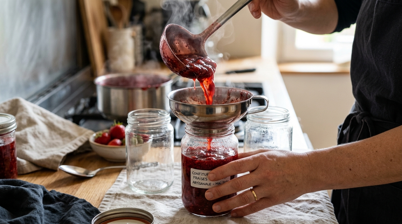 Remplissage d'un bocal stérile avec de la confiture de fraise chaude via un entonnoir