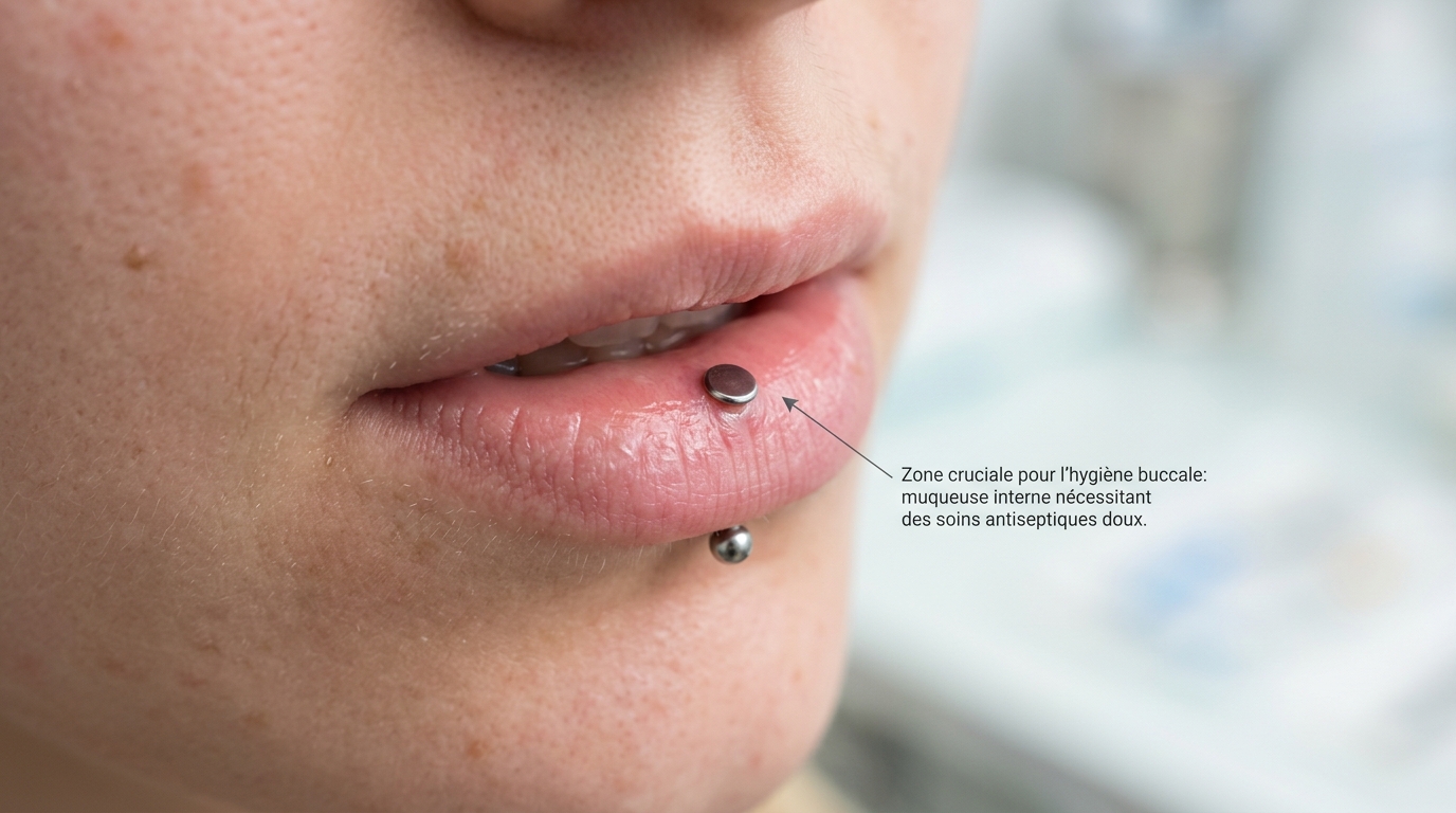 Piercing labret propre illustrant les soins spécifiques pour les muqueuses buccales