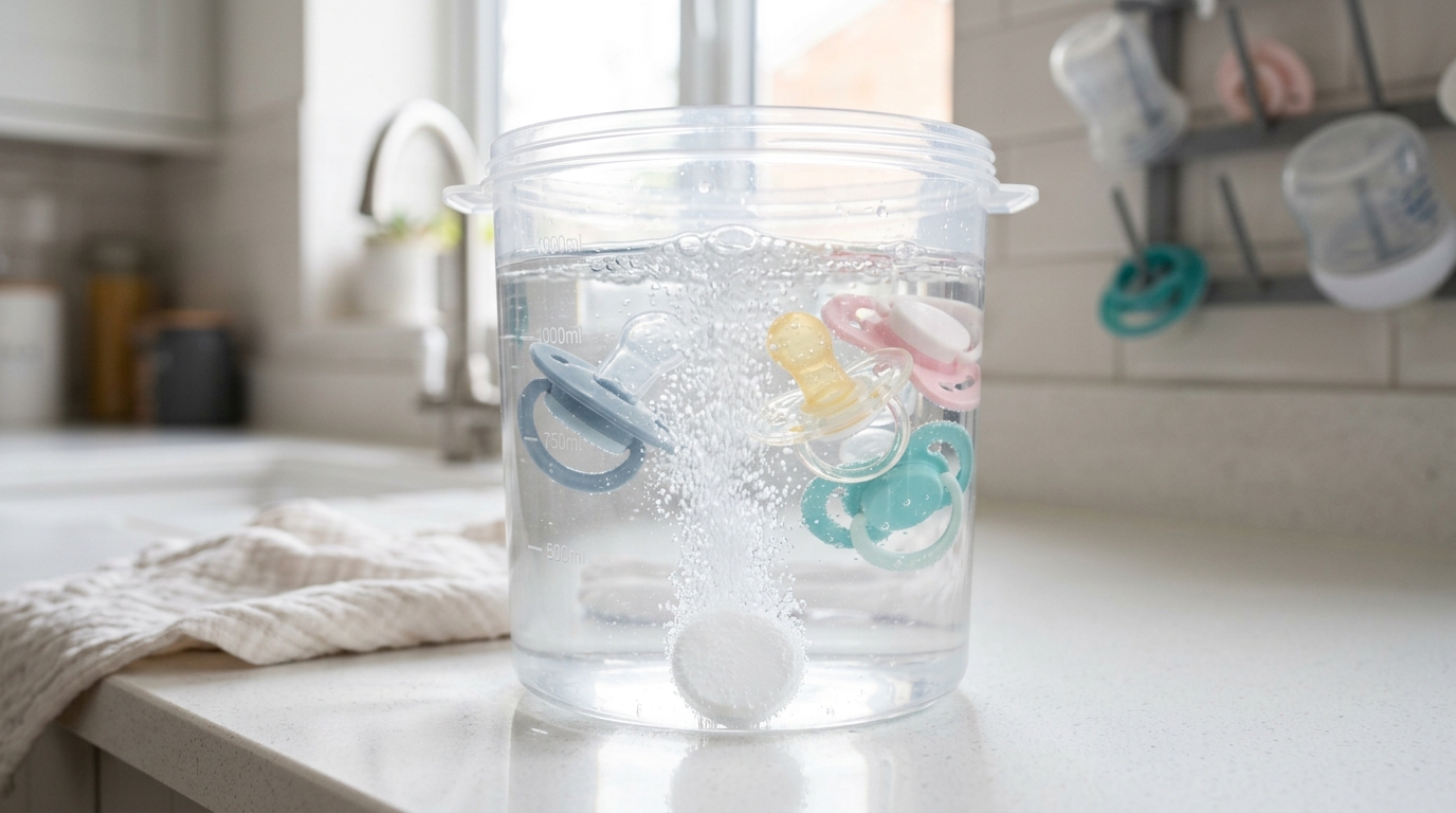 Stérilisation à froid de tétines avec des comprimés dans un bac d'eau