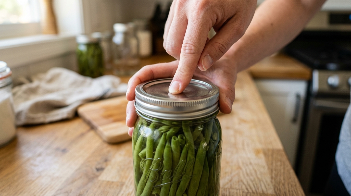 Vérification du vide d'air sur un bocal de haricots verts stérilisé