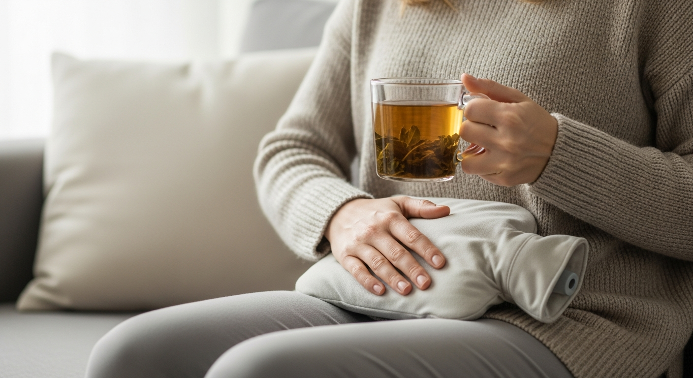 Femme appliquant une bouillotte tiède sur le bas-ventre pour soulager le gonflement
