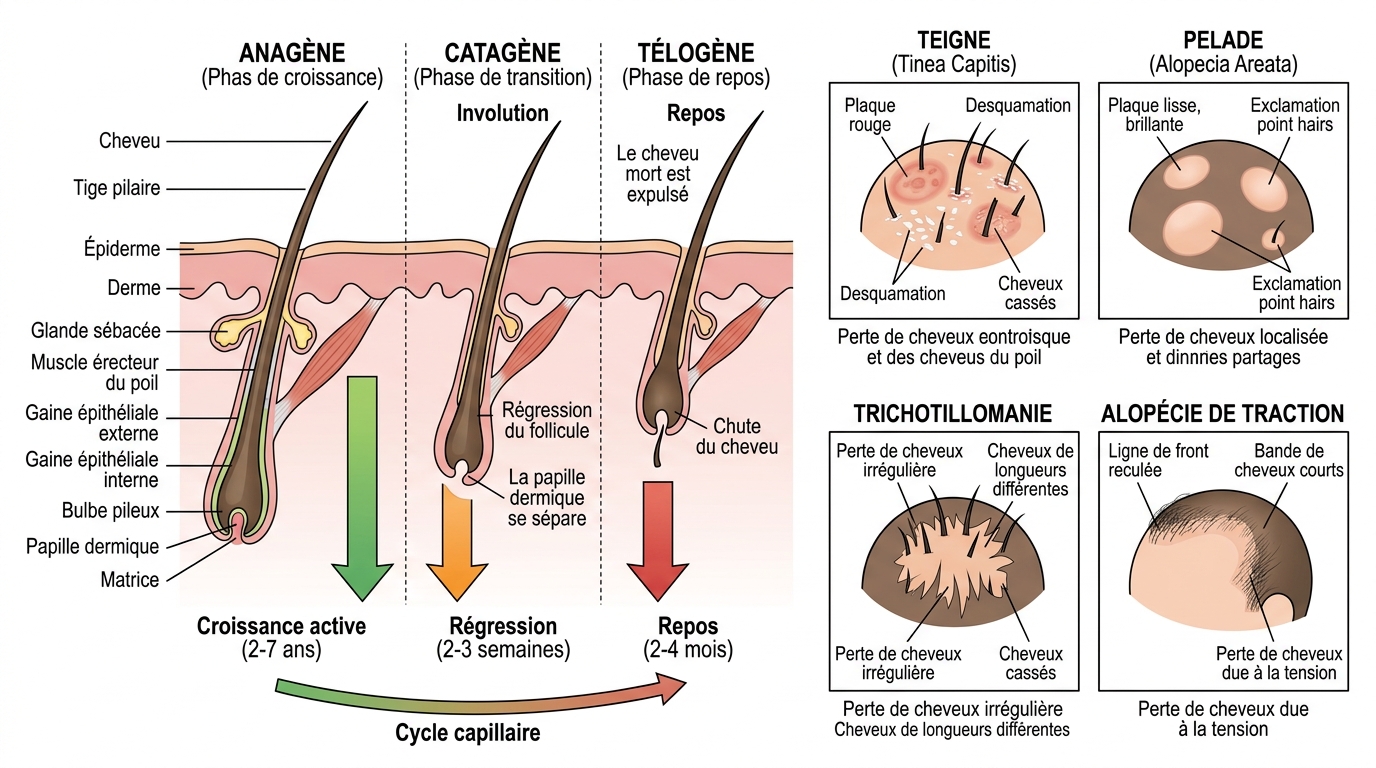 Schéma comparant teigne, pelade, trichotillomanie et alopécie de traction chez l'enfant