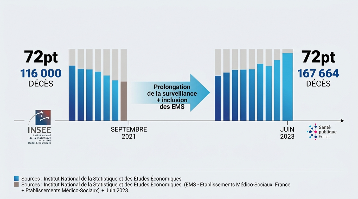 Comparaison visuelle entre 116 000 et 167 664 décès Covid en France selon les sources